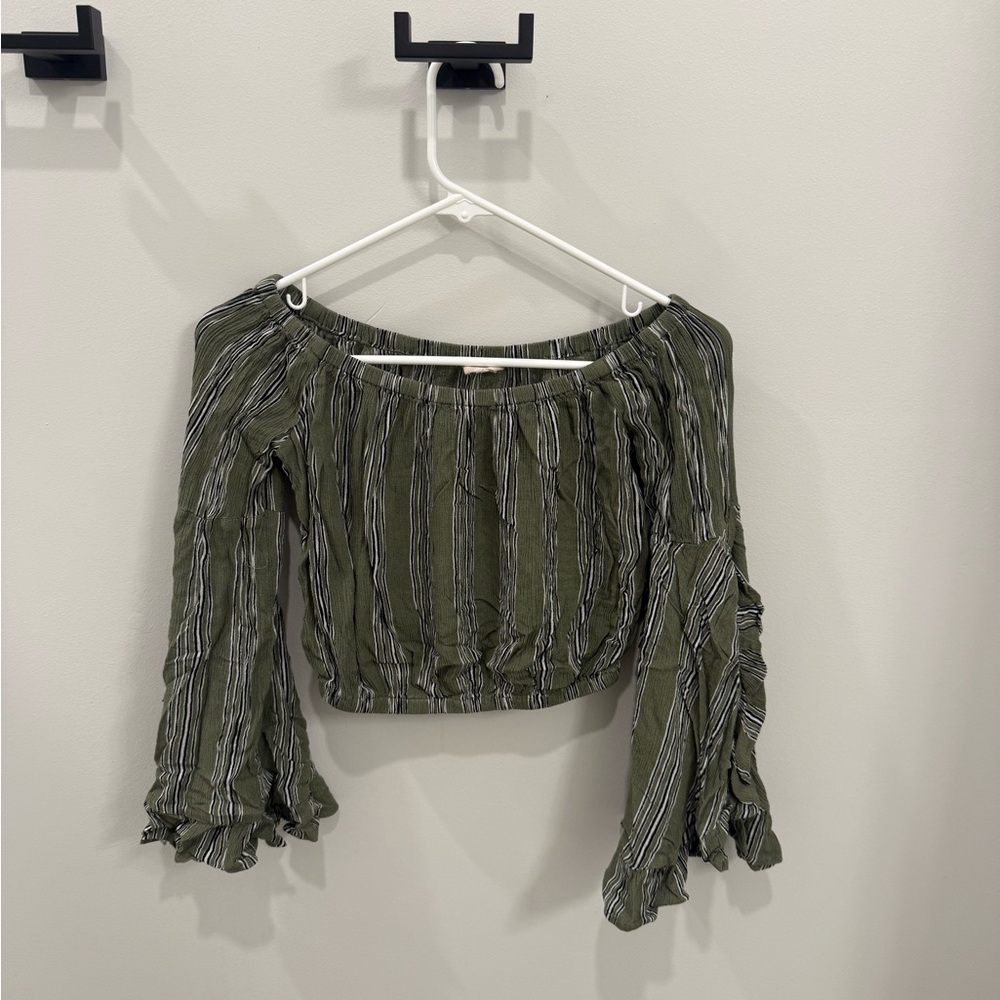 Altar'd State Olive Striped Off-Shoulder Blouse